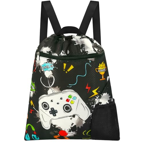 WAWSAM Gym Drawstring Backpack String Bag - 15” x 17” Sports Gym Bag for Kids Waterproof Swimming Beach Shopping Yoga Bag - color: Black Game