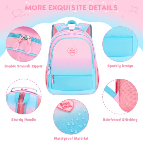 Kids Backpack for Girls 5-8, 4PCS Toddler Backpack with 13oz Kids Insulated Water Bottle, Lunch Box and Pencil Case, Girls Bookbag Schoolbag for Primary Kindergarten Elementary School - color: Pink Blue