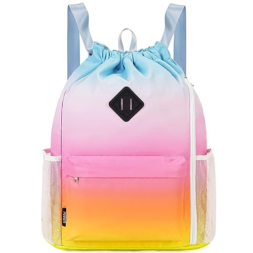 WANDF Drawstring Backpack Sports Gym Bag with Shoes Compartment, Water-Resistant String Backpack Cinch Bag for Women Men (Rainbow) - color: A-large Rainbow, size: Large