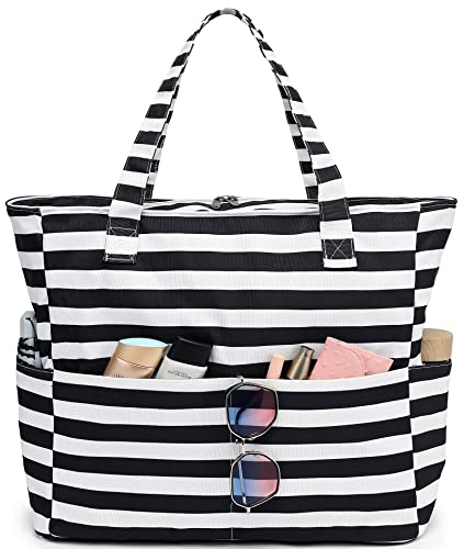 LEDAOU Beach Bag Waterproof Sandproof Women Beach Tote Pool Bag with Zipper for Swim Gym Grocery Travel with Wet Pocket | Sandproof - color: Black White Stripe