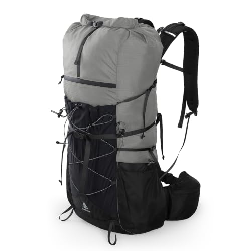 Haimont 40L+15L Roll-Top Backpacking Pack with Rain Cover, Grey | Expandable 55L, Hip Belt Support, Sleeping Pad Carry, Pole Attachments, YKK & Duraflex - color: Grey