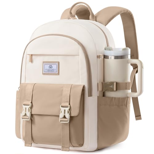 LOVEVOOK School Backpack for Teen Girls Boys,Bookbag for Middle High Student with Pouch Pocket for Large Bottle, Preppy College Bookbag, Waterproof Travel Daypack with 15.6 inch Laptop Compartment - color: Beige-khaki, size: Medium-15.6" with Side Straps