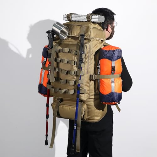 70L/100L Camping Hiking Backpack with Rain Cover, Expandable Large Military Tactical Backpack, Waterproof Molle Racksack Travel Backpacking Daypack for Climbing Trekking (Khaki) - color: Khaki