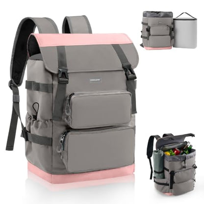 Odoland 2-in-1 Cooler Backpack with Removable Insulated Bag, 26L Leak-Proof Dry Wet Separation Backpack with 9L Cooler (20 Cans) for Beach Picnic Camping Day Trip, Lunch Diaper Bag for Men Women - color: Pink