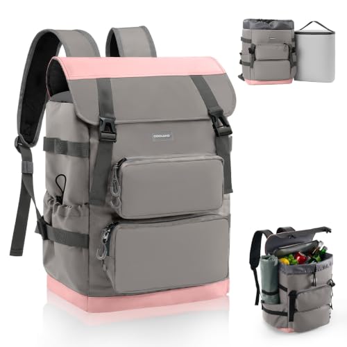 Odoland 2-in-1 Cooler Backpack with Removable Insulated Bag, 26L Leak-Proof Dry Wet Separation Backpack with 9L Cooler (20 Cans) for Beach Picnic Camping Day Trip, Lunch Diaper Bag for Men Women - color: Pink