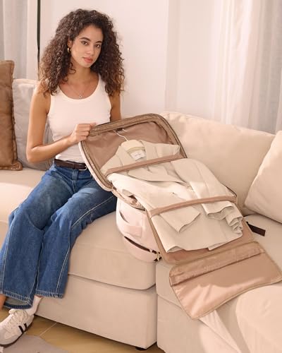 LOVEVOOK 40L Travel Backpack for Women Men with Garment Bag, Airline Approved Carry on Luggage Travel Essentials with 3 Packing Cubes, TSA Overnight Bags Weekender Essentials Backpacks fits 17" Laptop - color: Beige-brown, size: 40L-4Pcs