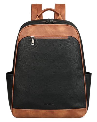 MASINTOR 15.6 inch Leather Laptop Backpack Purse for Women, Designer Travel and Work Bag with Laptop Compartment Black Brown - color: Black Brown