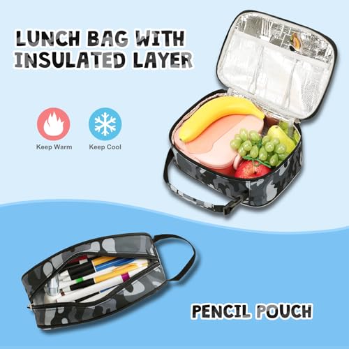 ACESAK Camo Backpack for Boys, Tactical Kids Backpack Boys, School Bags for Boy Children Teens Kids Elementary Middle High School, Military Bookbag and Lunch Bag Pencil Case Set with USB Charging Port - color: Gray Black
