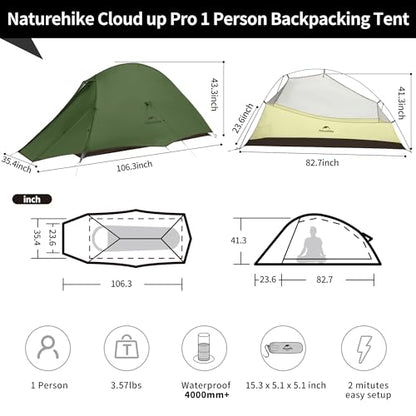 Naturehike Cloud Up 1 Person Tent, Lightweight Backpacking Tents for One Man, Waterproof Ultralight One Person Tent for Camping Hiking Backpacking - color: Forest Green