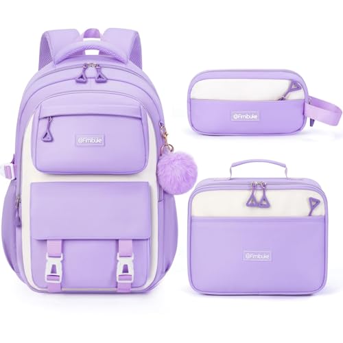 Fimibuke Backpacks for Girls, 3 PCS Waterproof School Backpack with Lunch Box, Pencil Pouch Set for Kids Teens Girls, Cute Bookbag School Bag for Elementary Middle High School Student Ages 6+(Purple) - color: Purple