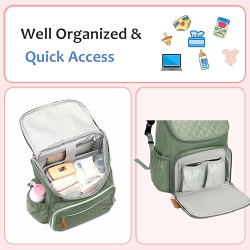 LORADI Lightweight Diaper Bag Backpack, Baby Shower Gifts, Green | Stroller Clips, Insulated Pockets, Water-resistant, Easy to Clean, Durable - color: Green