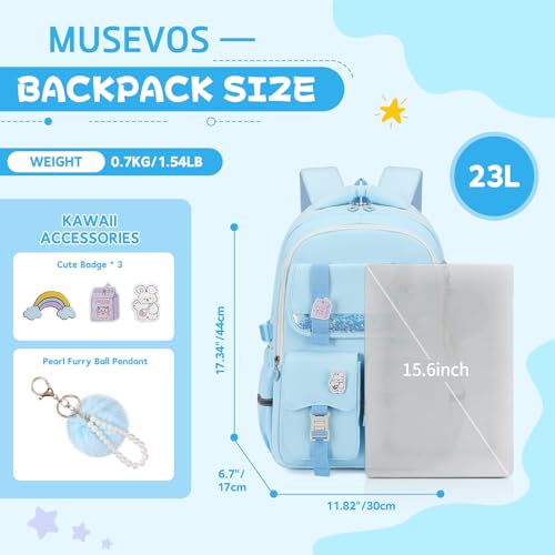 MUSEVOS Girls Backpack, Kids Backpack for Girls, School Bookbag for Teens Age 6-15, Large Capacity Water Resistant Backpack for Elementary to High School, Cute Travel Daypack, Blue - color: Blue