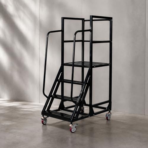 4-Step Rolling Warehouse Step Ladder, Lockable Wheels, Non-Slip Wide Steps, Dual Handrails, Movable Platform Ladder, Rolling Stairs for Warehouse, Supermarket, Library (Black, 4 Steps) - color: Black, size: 4 steps