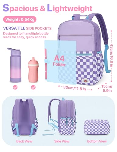 VASCHY School Backpack, Lightweight Classic Cute Aesthetic Bookbag Daypack for Teen Girls Traveling/Gym/Middle School Black Lavender Plaid - color: Lavender Plaid-l, size: Large-17in
