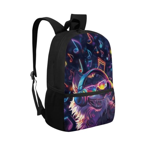 ZOUTAIRONG Boys Backpack and Insulated Thermos Cup Trendy Casual Bookbags with Side Pockets Music Wolf Printed School Bags and Water Bottle - color: Music Wolf