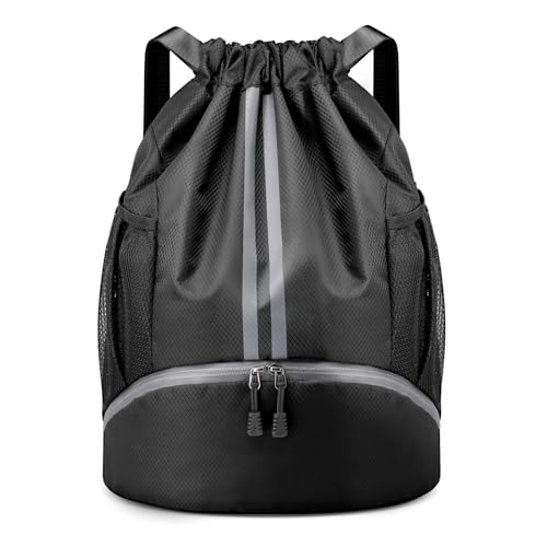 PinCute Drawstring Backpack for Women Men, Gym Bag for Soccer, Basketball, Swim, Beach, Water-Resistant Sports Backpack with Wet Pocket and Shoe Compartment, Black - color: Black