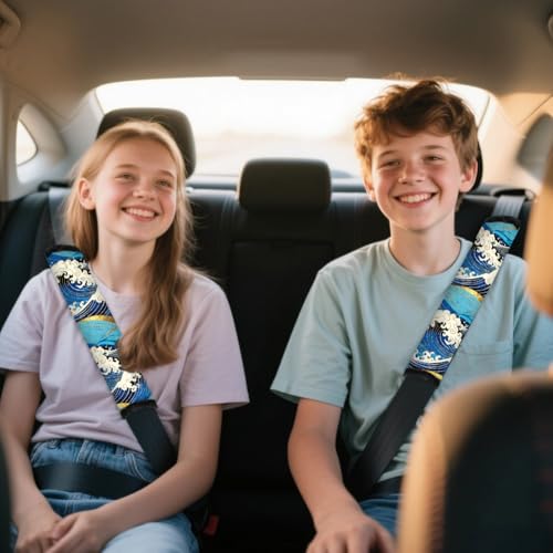 2Pcs Soft Auto Seat Belt Cover Pads, Ocean Wave Car Seatbelt Shoulder Cushion for Comfortable Driving, Compatible with All Cars' Seatbelt and Backpack Straps 11x2.4inch - color: Ocean Wave