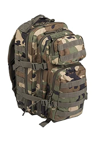 Mil-Tec Unisex Assault Pack - Rugged Durable Lightweight Ergonomic Versatile Tactical Outdoor Camping Hiking Backpack with Adjustable Padded Shoulder Straps & MOLLE Loops, Woodland Camo, 20L - color: Woodland Camo, style: Tactical