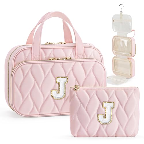 YOOLIFE Travel Toiletry Bag Makeup Bag - Hanging Toiletry Bag for Women, Portable Toiletries Travel Bag and Cosmetic Bag, Airplane Travel Essentials Travel Toiletry Bag - Letter J, Pink - color: Pink, style: J