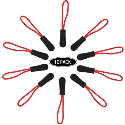 CTZD Durable Cord Zipper Pulls Pull Tab Zipper Replacement for Purses,Backpacks, Luggage, Clothing（Black Red,10 Pack