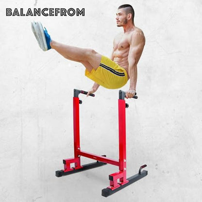 BalanceFrom Steel Frame Dip Station with Adjustable Height, 500 Pound Weight Capacity – Upper Body Workout Home Gym Equipment for Triceps, Push & Pull Ups, Leg Raises, and Bench Press - color: Red