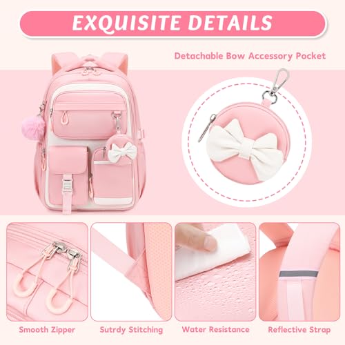 MUSEVOS Kids Backpack for Girls Aged 6-14, Kindergarten Elementary Middle School Backpack, Cute Bookbag Multi-Compartment, Water-resistant - color: Pink-white