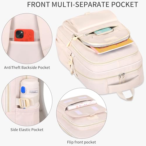 School backpack for Girls, Aesthetic Backpack for Women Cute Bookbag Preppy College (Beige) - color: Beige