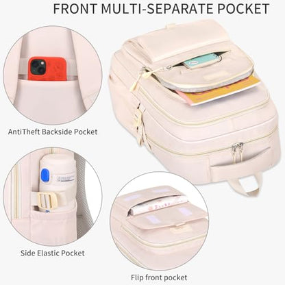 School backpack for Girls, Aesthetic Backpack for Women Cute Bookbag Preppy College (Beige) - color: Beige