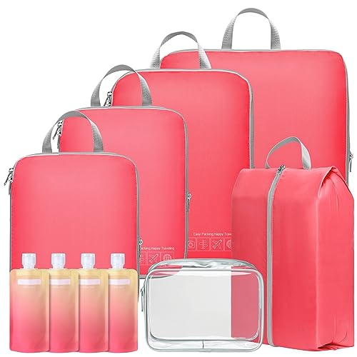 Cambond Compression Packing Cubes for Travel Women - Lightweight Luggage Organizers Bag Packing Cubes for Carry on Suitcases - color: 04 Watermelon Pink, size: 7 Set