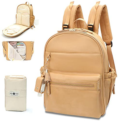 miss fong Leather Diaper Bag Backpack Baby Diaper Bag with 16 Pockets Baby Bag with Hand Sanitizer Holder, Changing Pad, 2 Insulated Pockets(Peanut) - color: Peanut