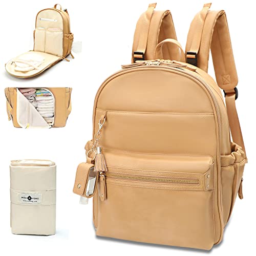 miss fong Leather Diaper Bag Backpack Baby Diaper Bag with 16 Pockets Baby Bag with Hand Sanitizer Holder, Changing Pad, 2 Insulated Pockets(Peanut) - color: Peanut