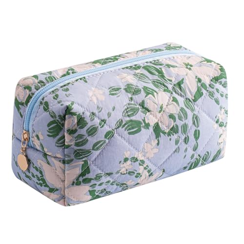 Cute Floral Makeup Bag Small Cotton Quilted Cosmetic Bag, Aesthetic Essential Bag Emergency Bag Gift for Women Girls Travel Accessories (White Gardenias) - color: White Gardenias