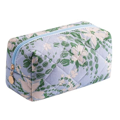 Cute Floral Makeup Bag Small Cotton Quilted Cosmetic Bag, Aesthetic Essential Bag Emergency Bag Gift for Women Girls Travel Accessories (White Gardenias) - color: White Gardenias