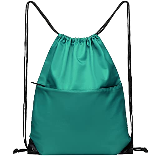 Drawstring Backpack Sports Water Resistant String Bag Sport Gym Sackpack for Women Men Students Large Size with Zipper, Teal - color: Teal