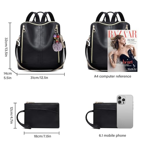 Makes Backpack Purse for Women PU Leather Travel Satchel Handbag Convertible Design Bag with Purse - color: Black Quadruple Zipper