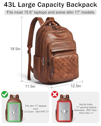 Bluome Work Backpack for Women Men, Laptop Vegan Leather Backpack Purse with 15.6–17 Inch Laptop, Multi-Pocket Bookbag for Office Travel Gym Weekend Overnight Bag, Brown - color: Brown