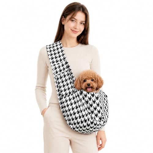 Dog Sling Carrier for Small Dogs and Cats 5–16 lbs, Puppy Carrier Sling with Safety Hook and Storage Pocket, Hands Free Pet Carrier Purse for Travel, Walking, Shopping (Houndstooth) - color: Houndstooth