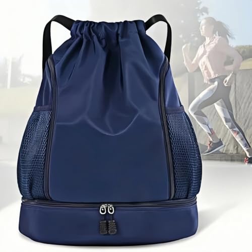 Drawstring Gym Backpack Multipocket Sports Sack with Mesh Pockets | Adjustable Strap Double Zipper Design, Large Capacity Lightweight for Gym Swim Travel Camping Outdoor - color: Navy Blue