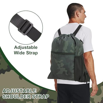 HOLYLUCK Men & Women Outdoor Sport Gym Sack Waterproof Drawstring Backpack Bag (Standard with width webbing, Black Camo-1) - color: Black Camo-1, style: Standard With Width Webbing
