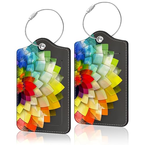 2 Pack Luggage Tag for Suitcase, Cute Unique Leather Suitcase Tags Identifiers with Privacy Name Address Labels & Durable Steel Loop for Women Men Travel - color: Rainbow Flower