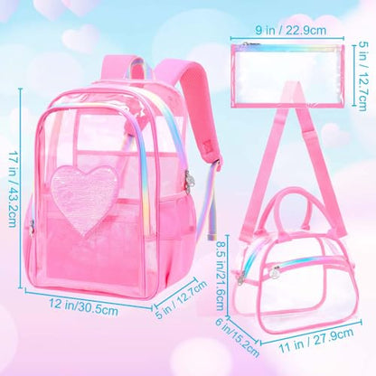 gxtvo 3PCS Clear Backpack Heavy-Duty Set for Women & Teen Girls, 17" Transparent Bookbag with Rainbow Strap, Rose Pink Sequins See Through School Bag - color: Rose Pink Sequins Clear Backpack Set