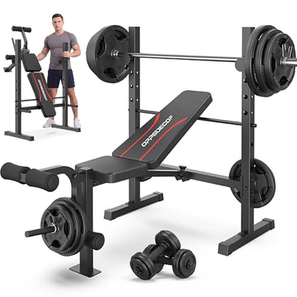 OPPSDECOR Weight Bench Set, Multi-Function Adjustable Bench Press with Squat Rack Leg Extension & Leg Curl Workout Bench Foldable Workout Bench Flat/Incline/Decline Upgrade Weight Benches for Home Gym