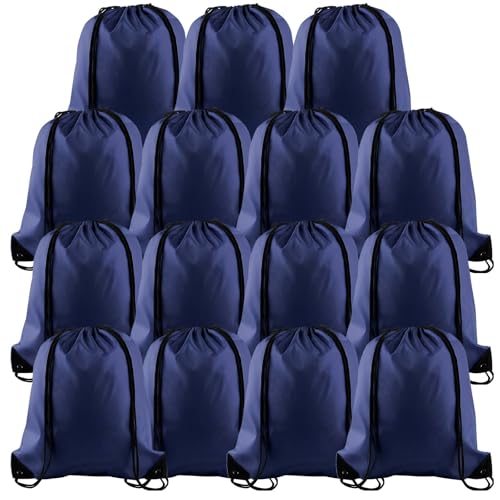 PLULON 15 Pcs Navy Blue Drawstring Bags Drawstring Backpack Bulk, String Backpack Cinch Sack Sport Gym Bags for Yoga Traveling Outdoor Sports - color: Navy Blue
