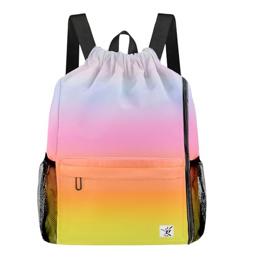 Drawstring Backpack with Mesh Pockets String Gym Bag Sackpack Sandproof Water Resistant Beach Backpack for Men Women - color: Gradient Rainbow