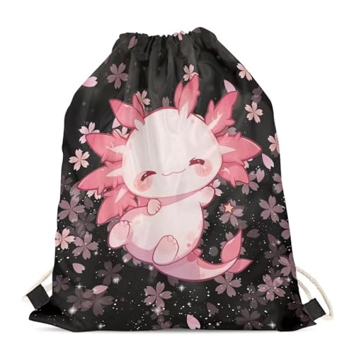 Upetstory Kawaii Axolotl Drawstring Backpack Cherry Blossom Draw String Bag for Women Teen Girls Kids Sports Bag Beach Cinch Sackpack Gymnastics Outdoor Travel Holiday Daypack - color: 1 Cherry Blossom Axolotl