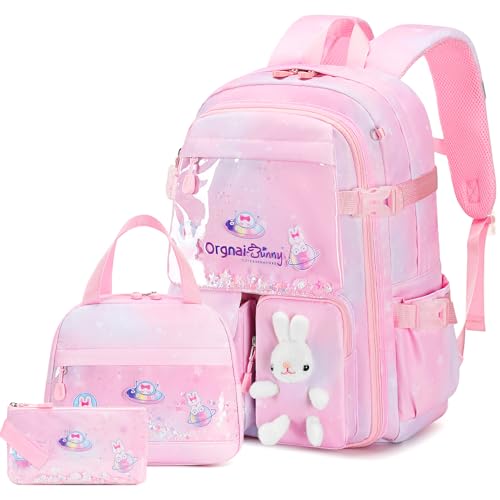 FIXITOK Girls Backpack Set, 3PCS Kids Backpack for Girls, Kawaii Bunny School Backpacks for Girl Kindergarten Elementary Preschool Middle School Bags with Lunch Box Pencil Case Dreamy-Pink - color: Dreamy-pink