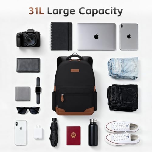 RealCool 15.6-17.3" Laptop Backpack, 31L Water Resistant Travel Bag | Independent frame opening, lightweight ,multi-compartments, ergonomic padded straps, luggage belt, for School,Business Trip - color: Black