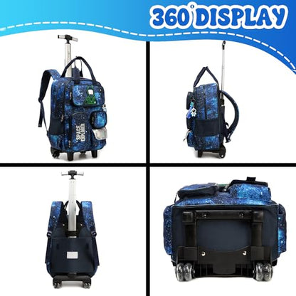 3 in 1 Boys Rolling Backpack with Wheels for Elementary Kindergarten Students Kids Travel Luggage Carry on Backpack for Boys Ages 6-8 - color: B Space