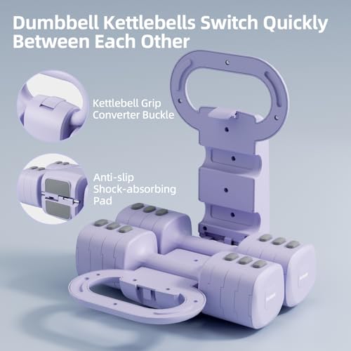 Lightweight Adjustable Dumbbell Kettlebell Set - 4 in 1 Free Weight Set with Kettlebell Grip Converter, Each 2.2 3.3 4.4 5.5lb Quick Change Weight Women Dumbbell Set for Small Spaces Home Gym - color: Adjustable Kettlebell Purple