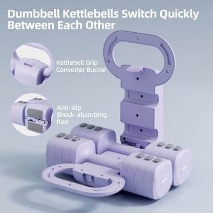 Lightweight Adjustable Dumbbell Kettlebell Set - 4 in 1 Free Weight Set with Kettlebell Grip Converter, Each 2.2 3.3 4.4 5.5lb Quick Change Weight Women Dumbbell Set for Small Spaces Home Gym - color: Adjustable Kettlebell Purple